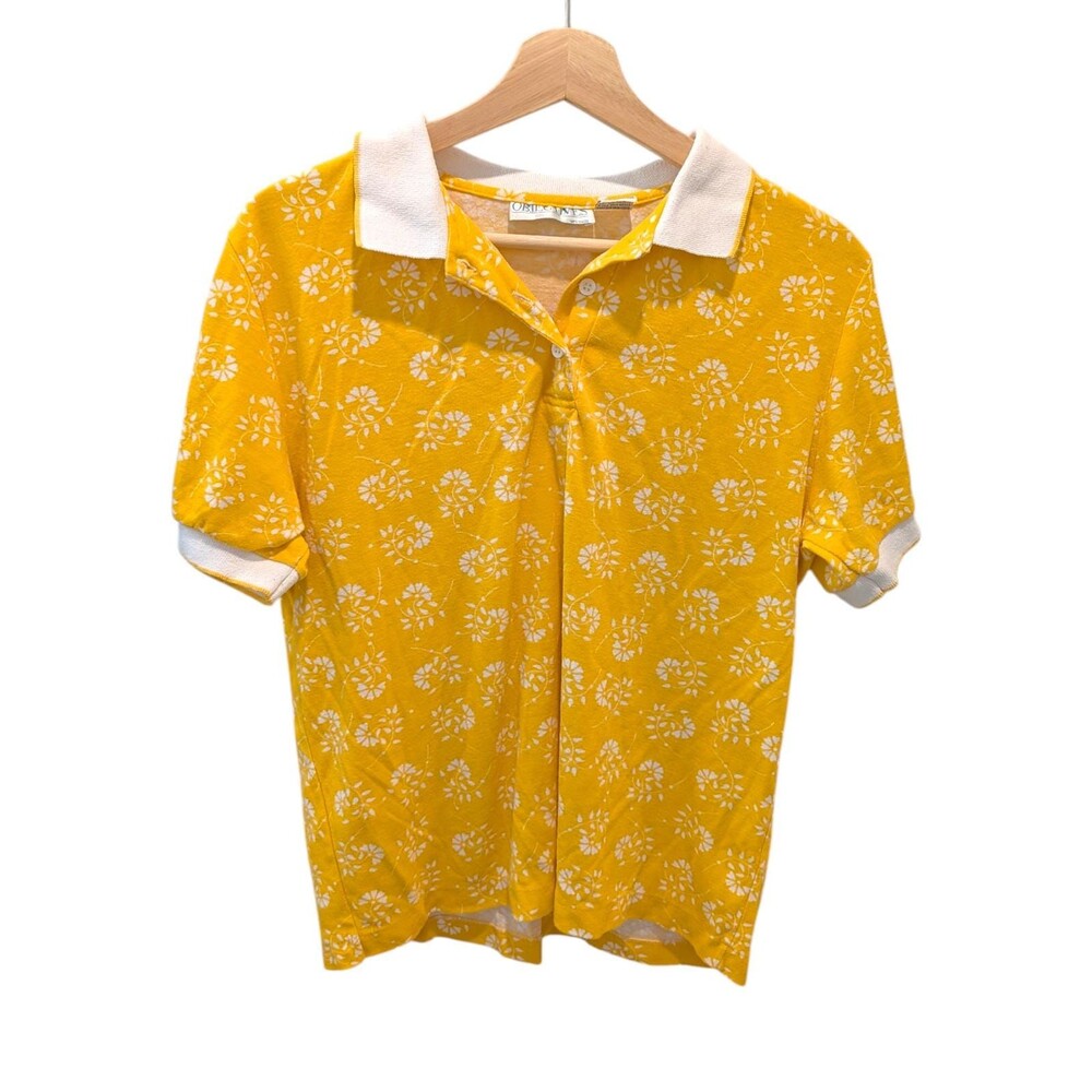 Vintage Objectives Floral Daisy Polo Shirt Yellow White Large 70s 80s Preppy Top